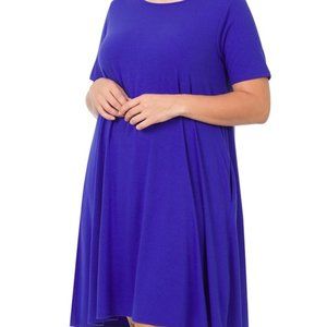 PLUS SHORT SLEEVE FLARED DRESS WITH SIDE POCKETS